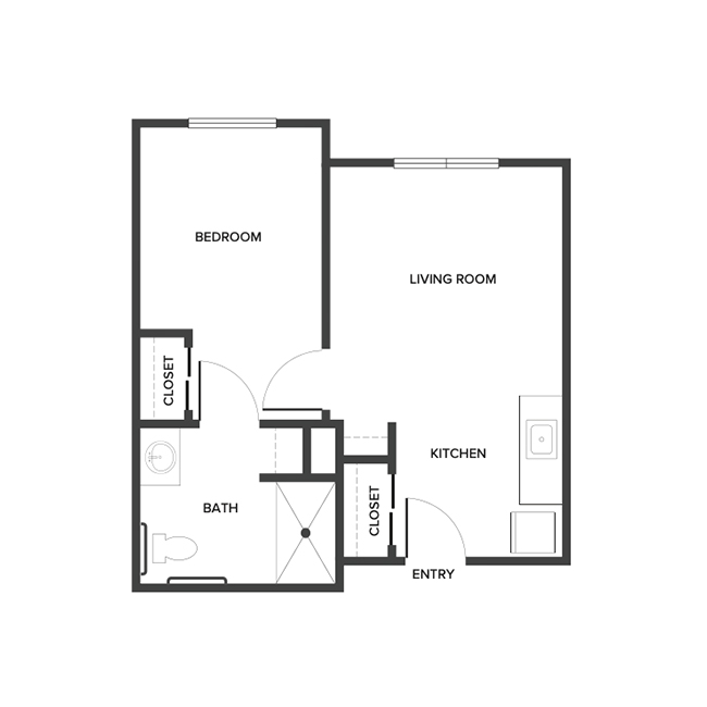 An assisted living floor plan with one bedroom.