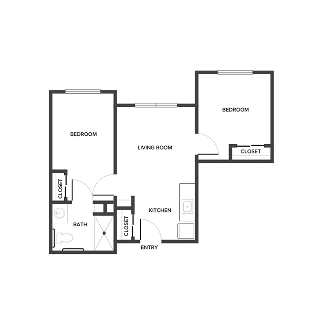 An assisted living floor plan with two bedrooms.