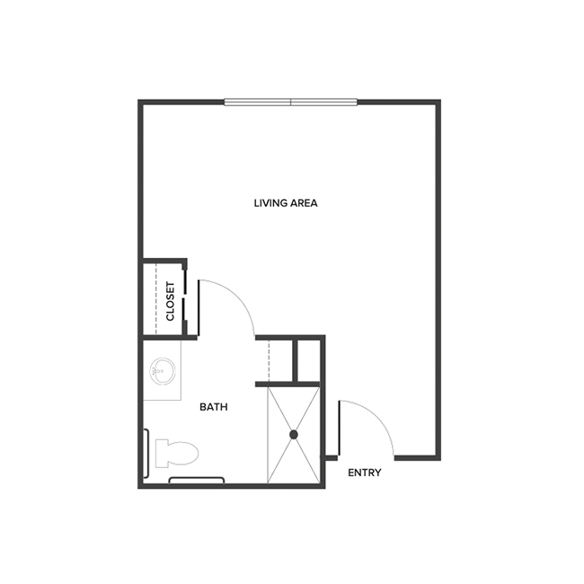 A memory care studio floor plan with an open living/bedroom space and kitchenette.