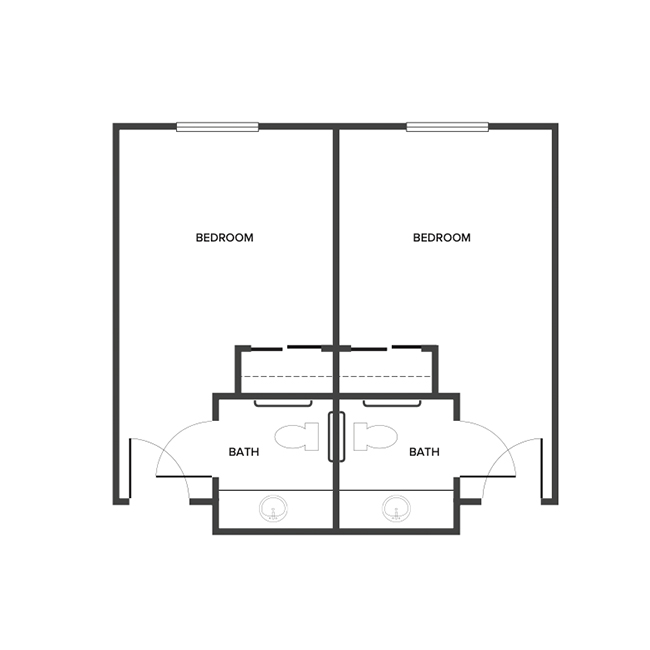 A memory care living space with two separate bedrooms.