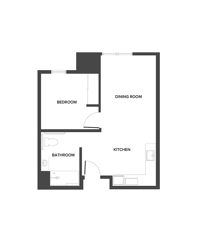 An assisted living suite floor plan with one bedroom and a bathroom.