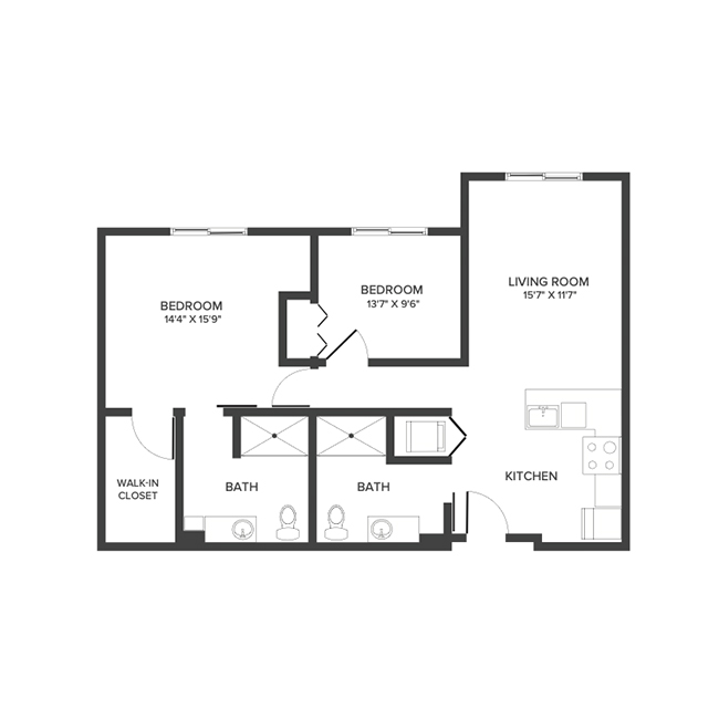 An assisted living suite floor plan with two bedrooms and two bathrooms.