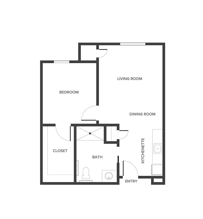 An assisted living suite floor plan with one bedroom and a bathroom.