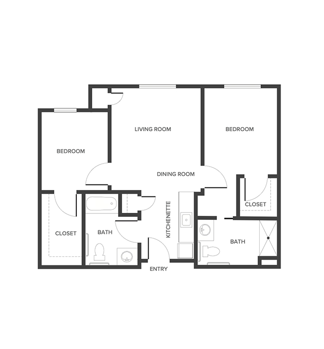 An assisted living suite floor plan with two bedrooms and two bathrooms.