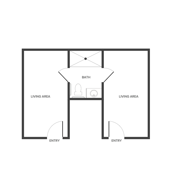 A memory care shared suite floor plan with two bedrooms and one bathroom.
