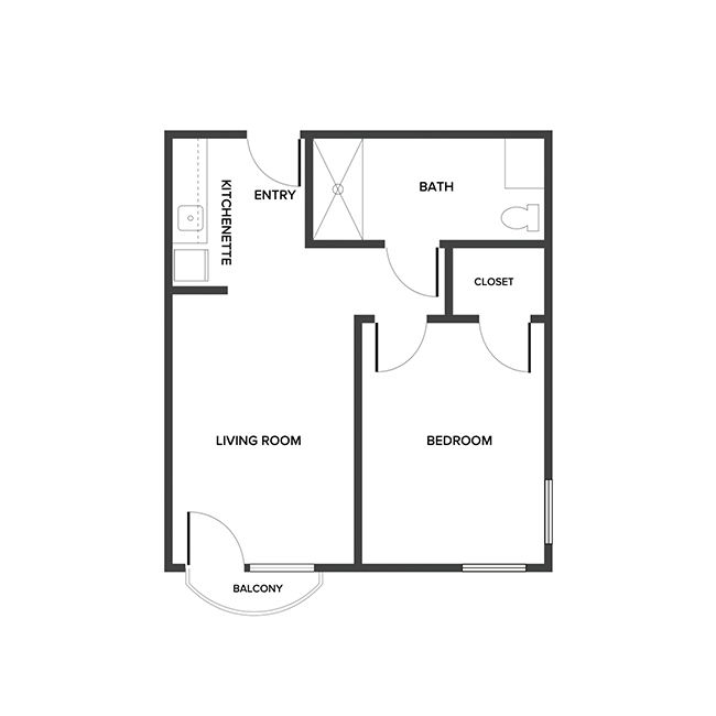 An assisted living suite floor plan with one bedroom and a bathroom.