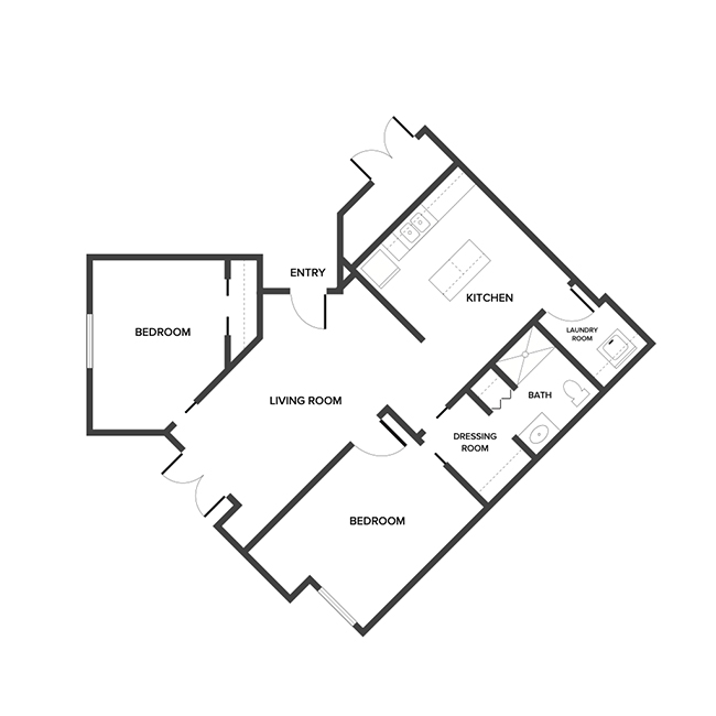 An assisted living suite floor plan with two bedrooms and a bathroom.