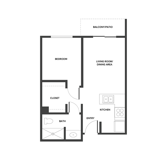 An independent living suite floor plan with one bedroom and a bathroom.