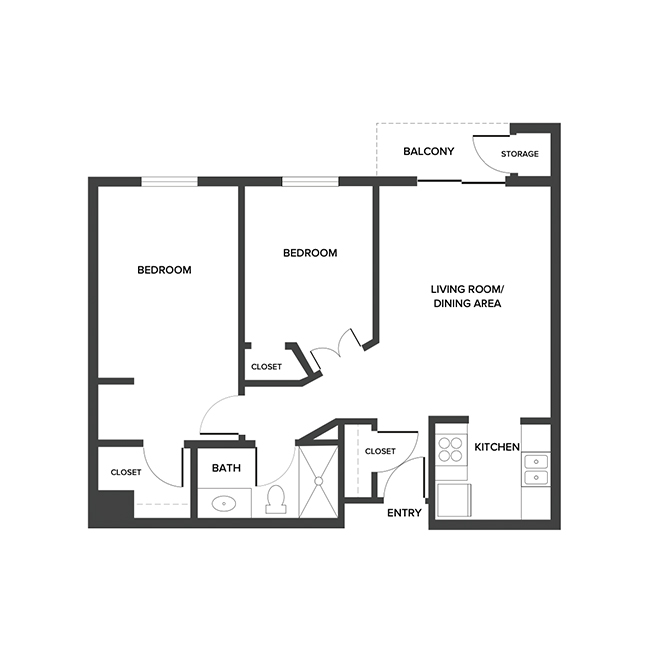An independent living suite floor plan with two bedrooms.