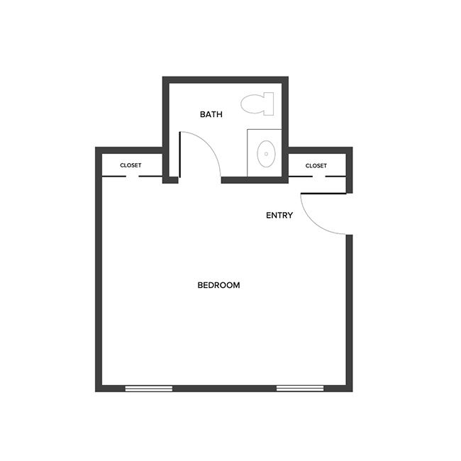A memory care suite floor plan with one bedroom and a bathroom.