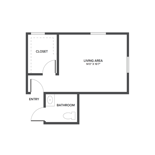 A memory care suite floor plan with one bedroom and a bathroom.