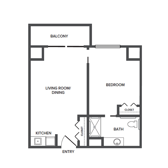 An assisted living floor plan with one bedroom.