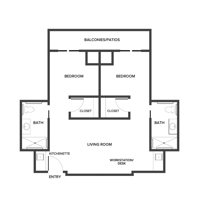 An assisted living suite floor plan with two bedrooms and two bathrooms.