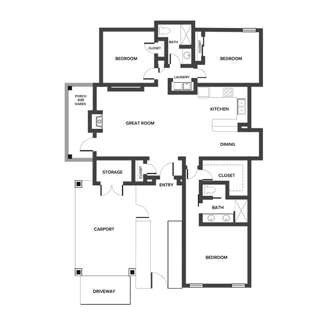 A bungalow floor plan with three bedrooms and two bathrooms.