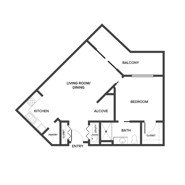 An independent living suite floor plan with one bedroom and a bathroom.