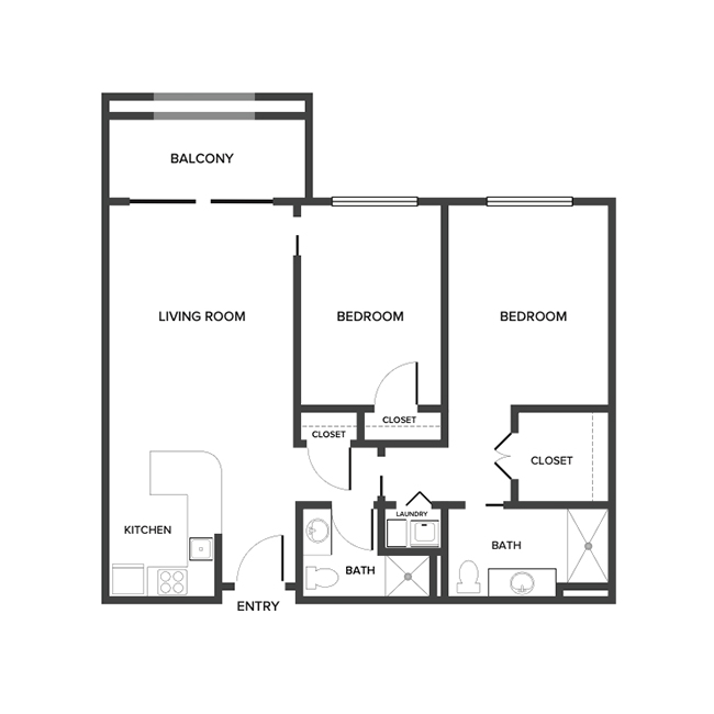 An independent living floor plan with two bedrooms.