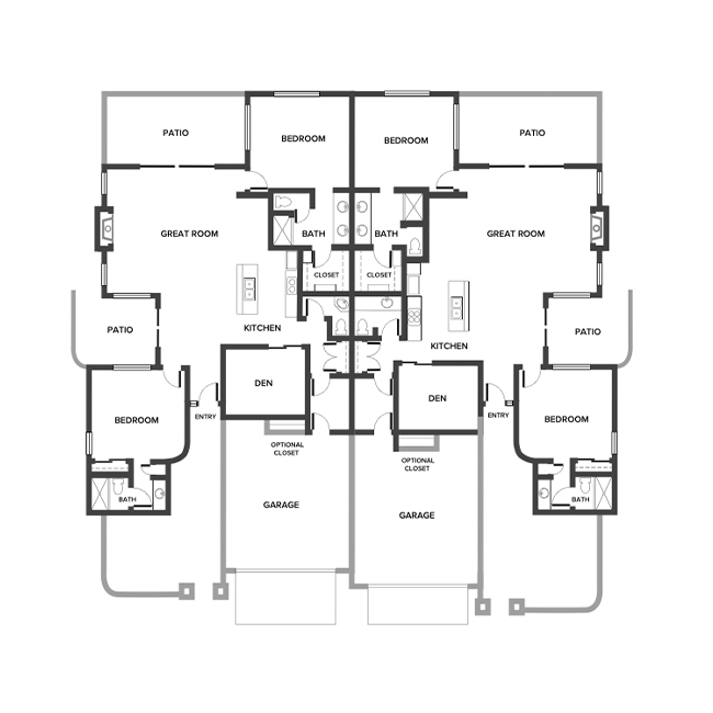 A casita floor plan with two bedrooms, a den and an attached garage.