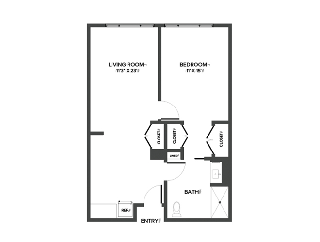 A floor plan with one bedroom and a bathroom.