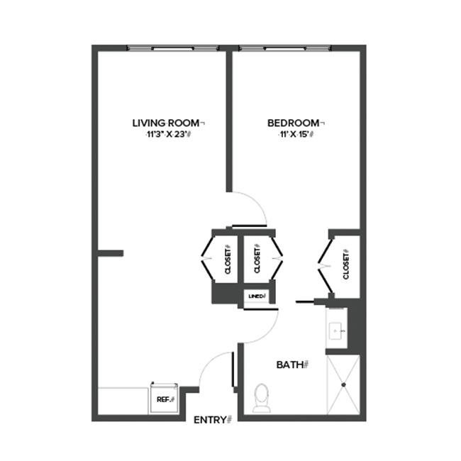 A plan with one bedroom and approximately 600 square feet.