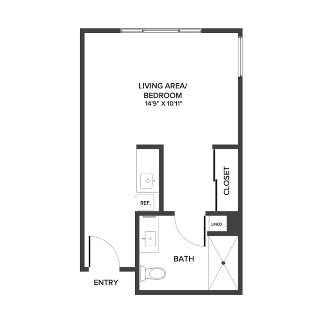 A studio suite floor plan with an open living/bedroom space and kitchenette, and approximately 397 square feet.