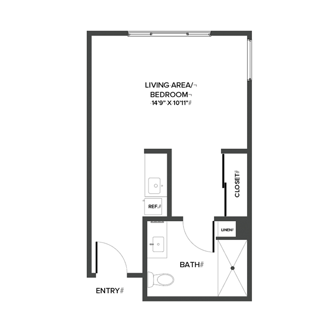 A memory care studio suite floor plan with an open living/bedroom space and kitchenette.