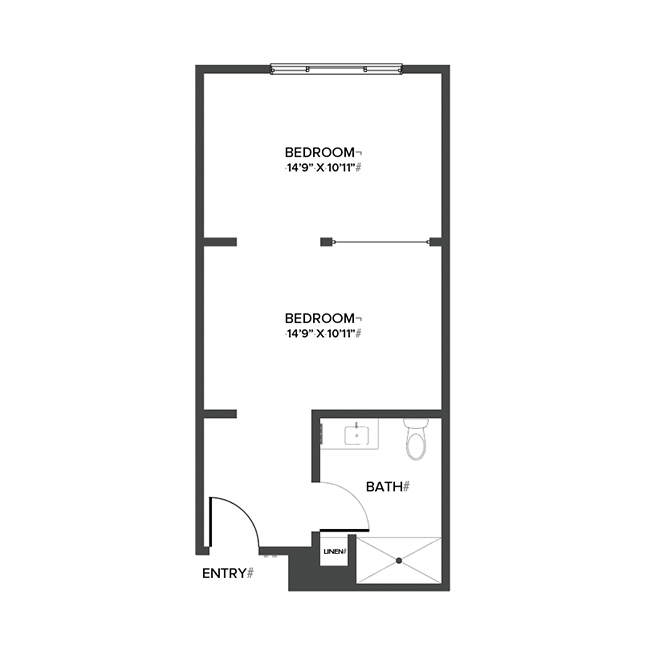 A memory care shared suite floor plan with two bedrooms and a bathroom.