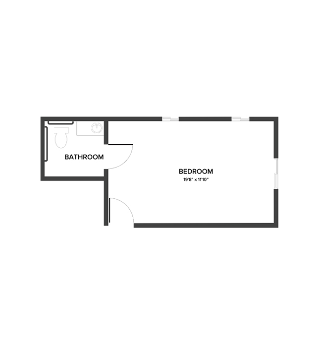 A memory care studio suite floor plan with a bedroom and a bathroom.