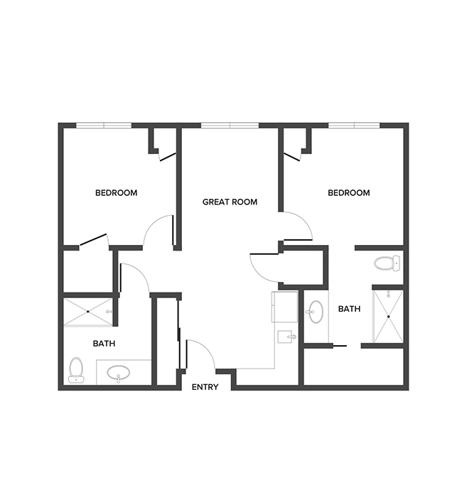 An assisted living suite floor plan with two bedrooms and two bathrooms.