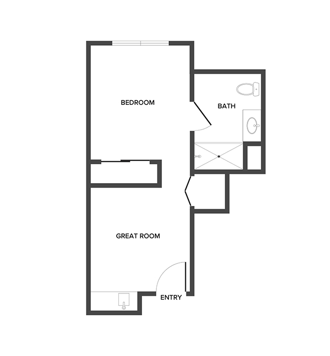 An assisted living suite floor plan with one bedroom and a bathroom.
