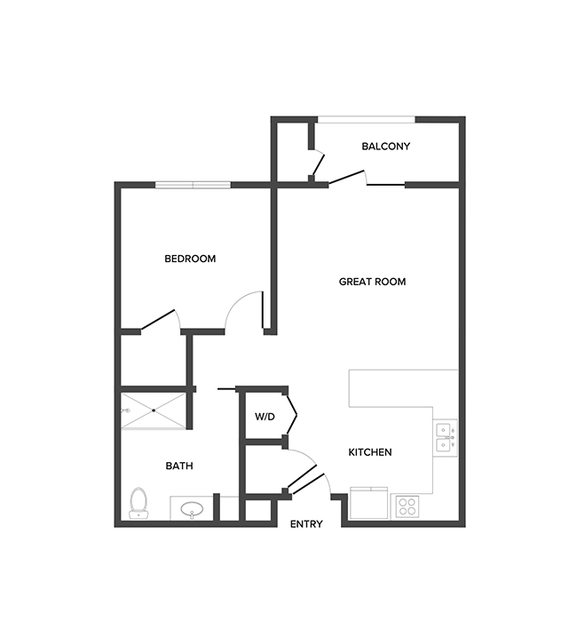 An independent living suite floor plan with one bedroom and a bathroom.