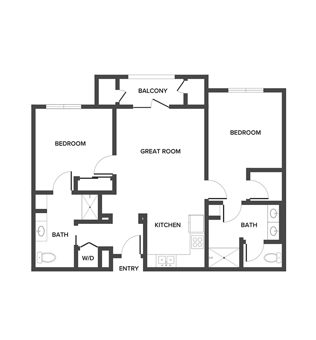 An independent living suite floor plan with two bedrooms and two bathrooms.