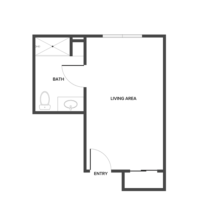 A memory care studio suite floor plan with an open living/bedroom space.