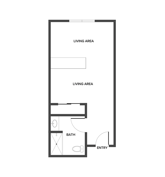 A memory care shared suite floor plan with two bedroom spaces and one bathroom.