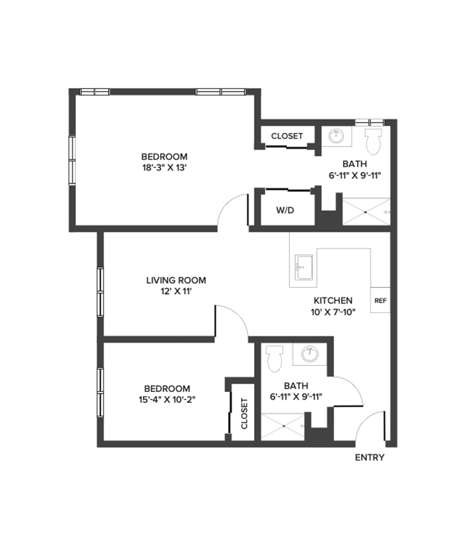An assisted living suite floor plan with two bedrooms and approximately 960 square feet.