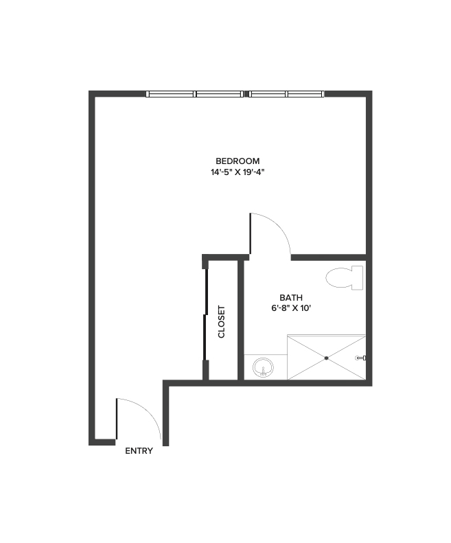 A memory care studio suite floor plan with an open living/bedroom space.