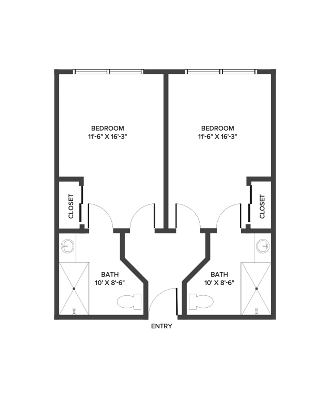 A memory care shared suite floor plan with 2 bedrooms and two bathrooms.