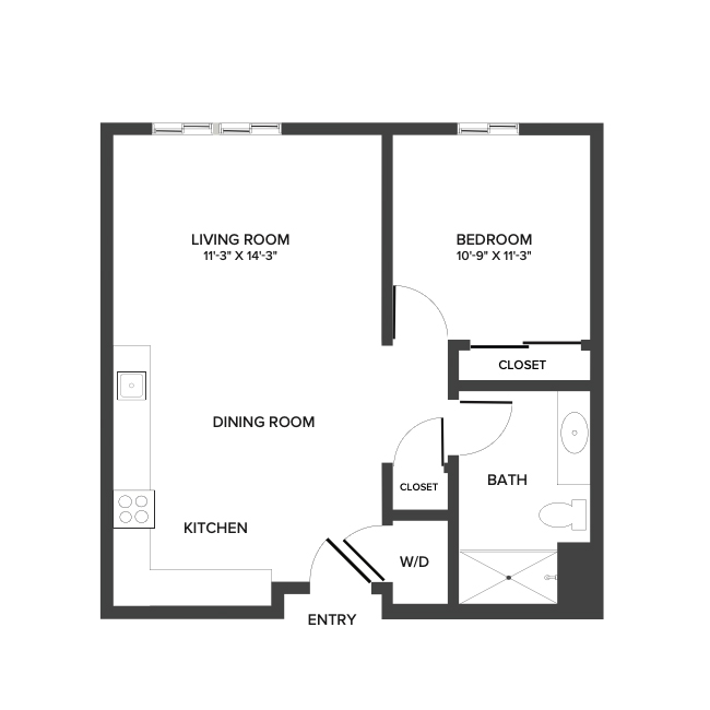 An independent living suite floor plan with one bedroom and approximately 673 square feet.