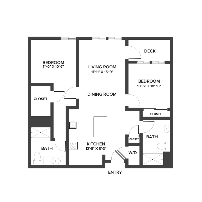 An independent living suite floor plan with two bedrooms and two bathrooms.