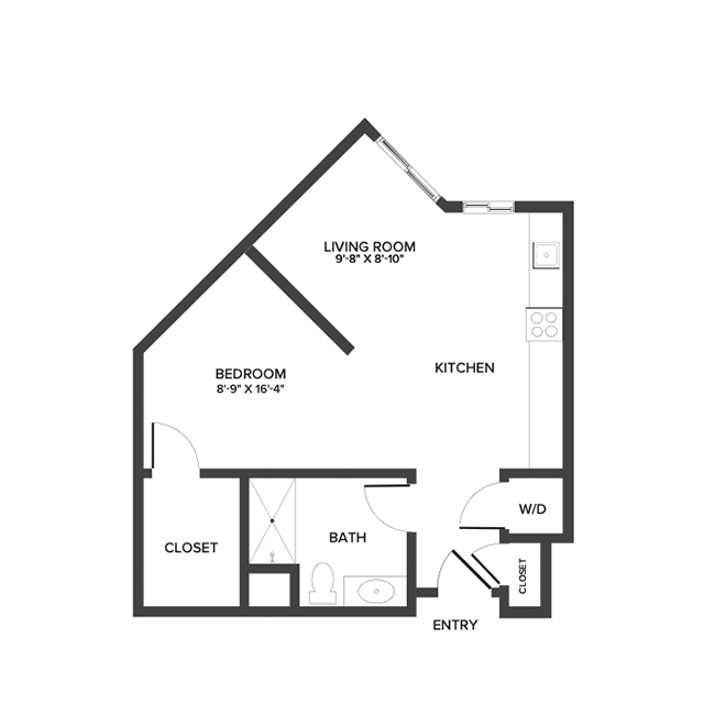 An independent living studio suite floor plan with an open living/bedroom/kitchen space.