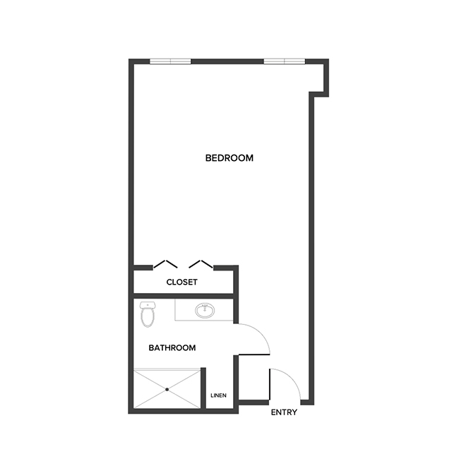 A memory care studio suite floor plan with an open living/bedroom space.