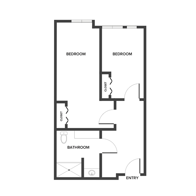 A memory care shared suite floor plan with two bedrooms and a bathroom.