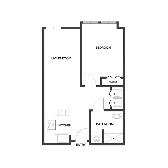 An assisted living suite floor plan with one bedroom and a bathroom.
