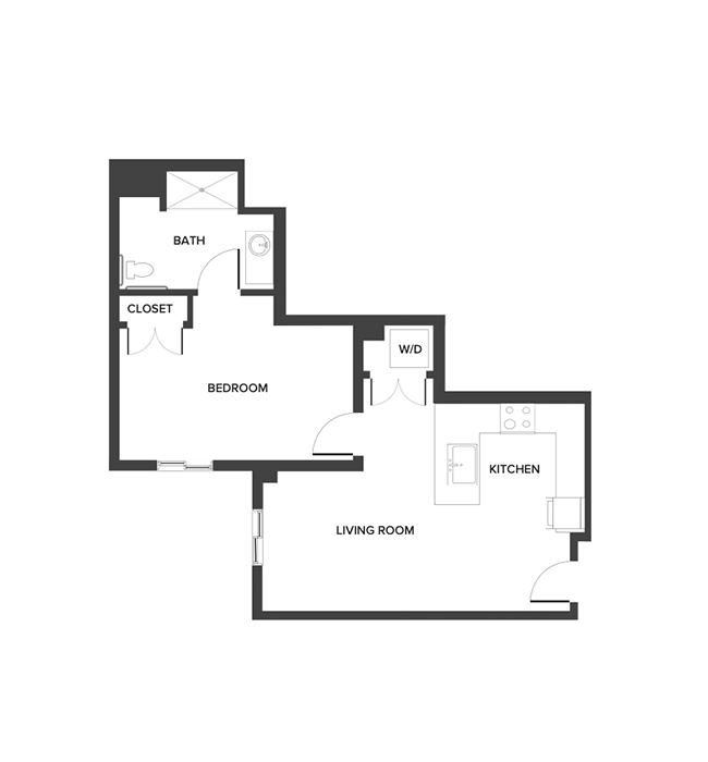 An assisted living suite floor plan with one bedroom and a bathroom.