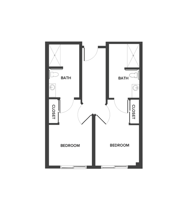 A memory care shared  suite floor plan with two bedrooms and two bathrooms.