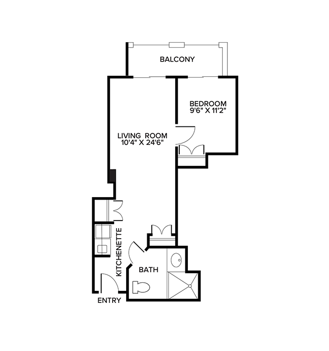 An assisted living suite floor plan with one bedroom and a bathroom.