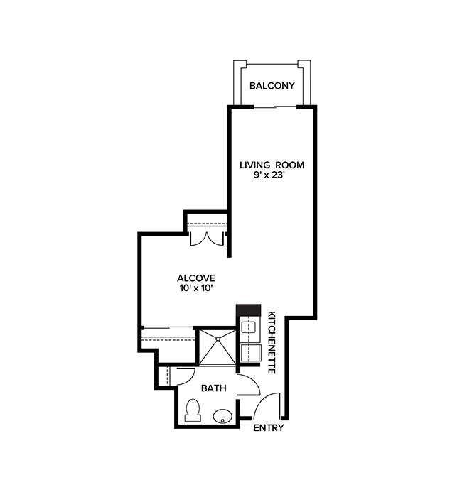 An assisted living studio suite floor plan with an open living room, alcove space and kitchenette.