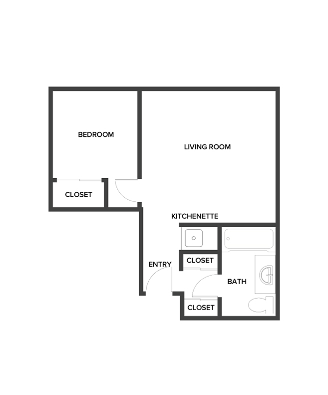 An assisted living suite floor plan with one bedroom and a bathroom.