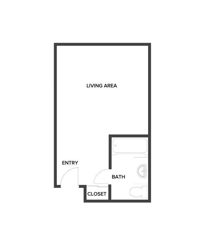 A memory care studio suite floor plan with an open living/bedroom space.