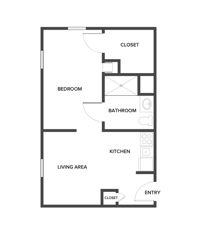An assisted living suite floor plan with one bedroom and a bathroom.