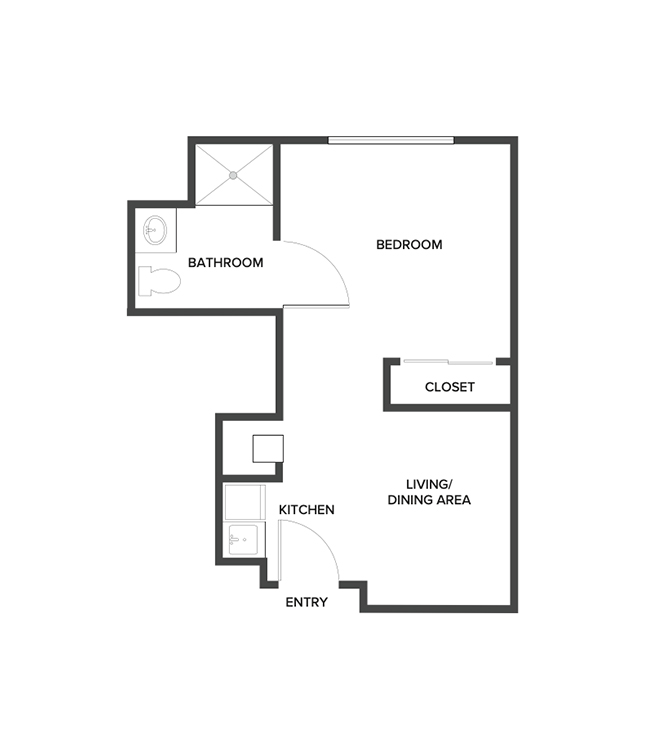 An assisted living suite floor plan with one bedroom and a bathroom.